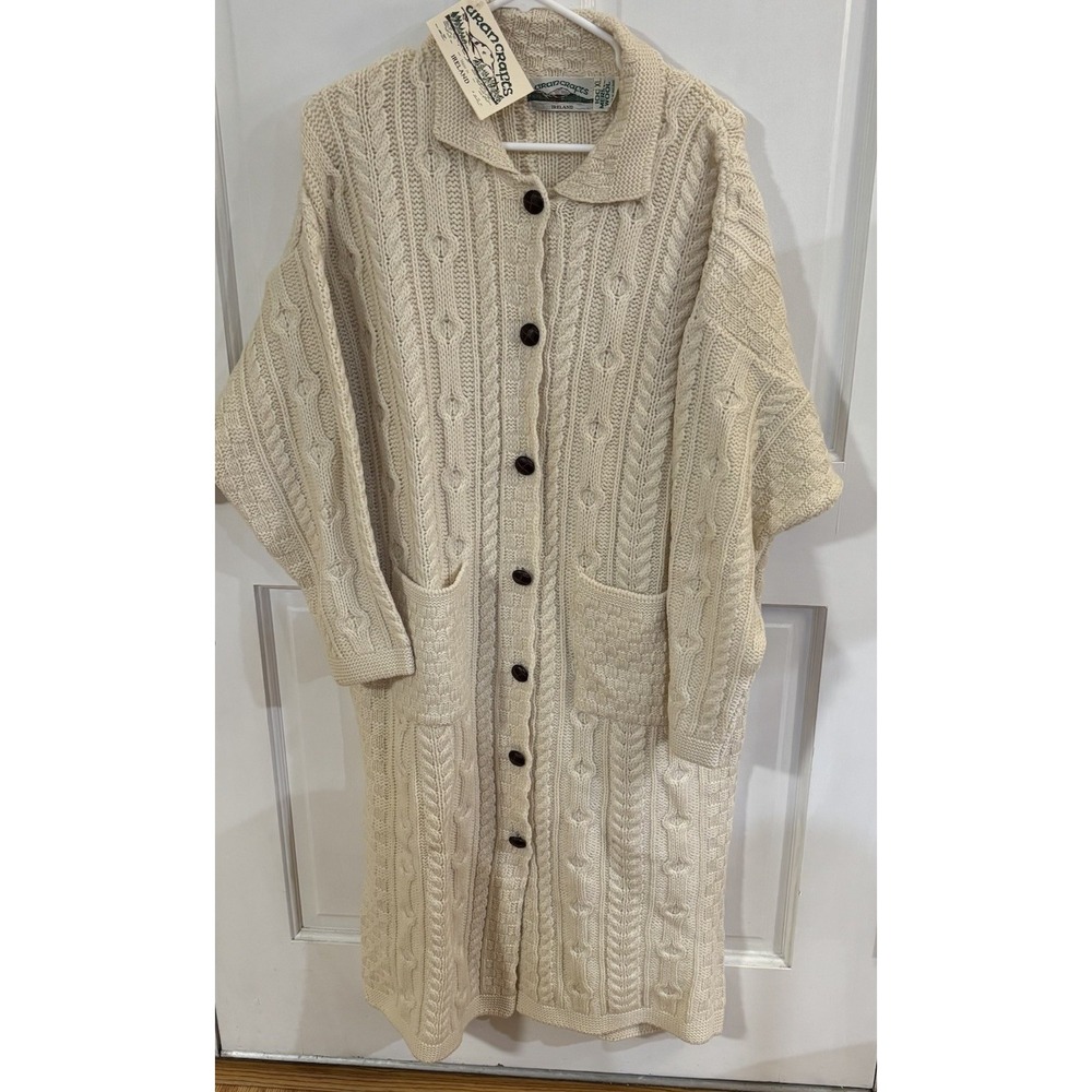 Vintage Aran Crafts Ireland Merino Wool Long Cardigan Sweater Duster NWT XL